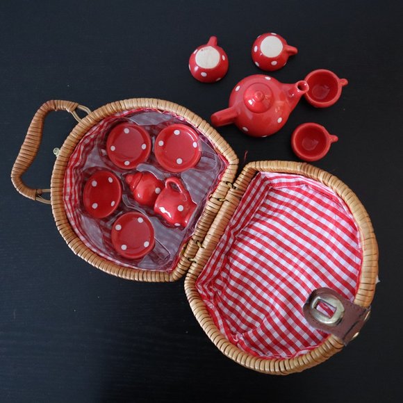 Vintage Red White Polka Dot Mini Tea Set - Picture 1 of 7